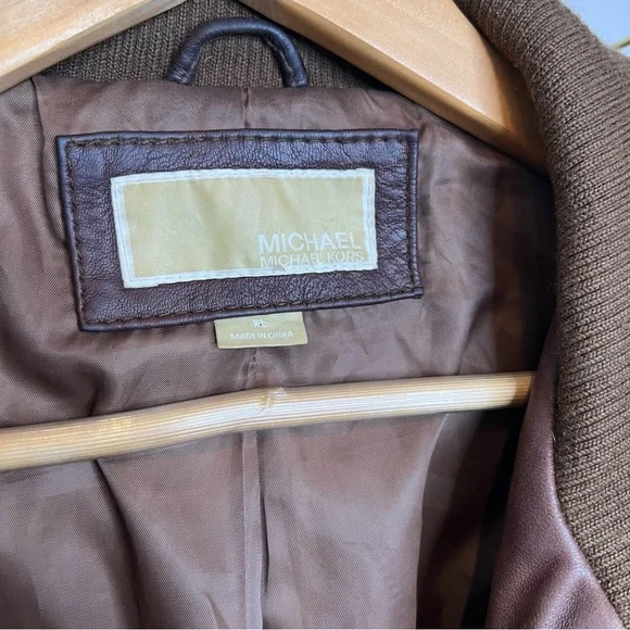 Michael kors brown tan leather with wool collar aviation style bomber jacket xl - Picture 8 of 12